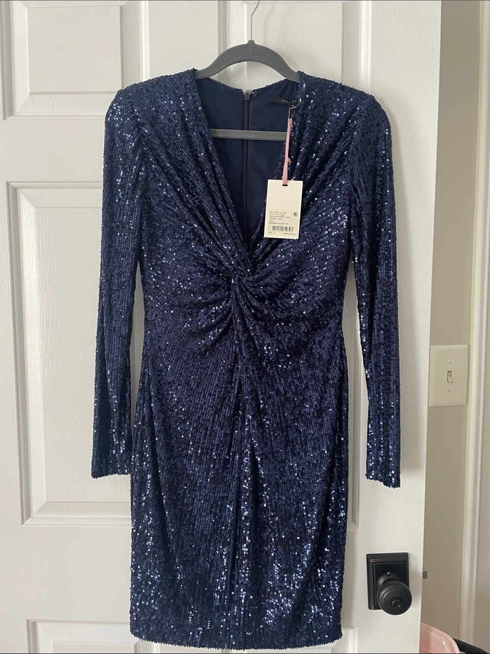 Alex Marie Sequin Twist-Front Long Sleeve Dress in Navy